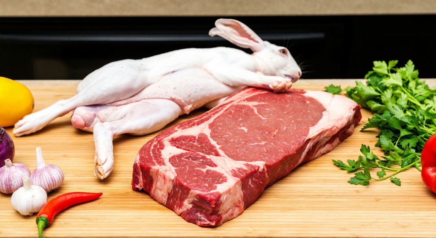 A plump, skinned rabbit lying next to a raw red steak on a wooden cutting board in a Turkish kitchen, with fresh herbs and vegetables scattered nearby, evoking a comparison of nutritional value.