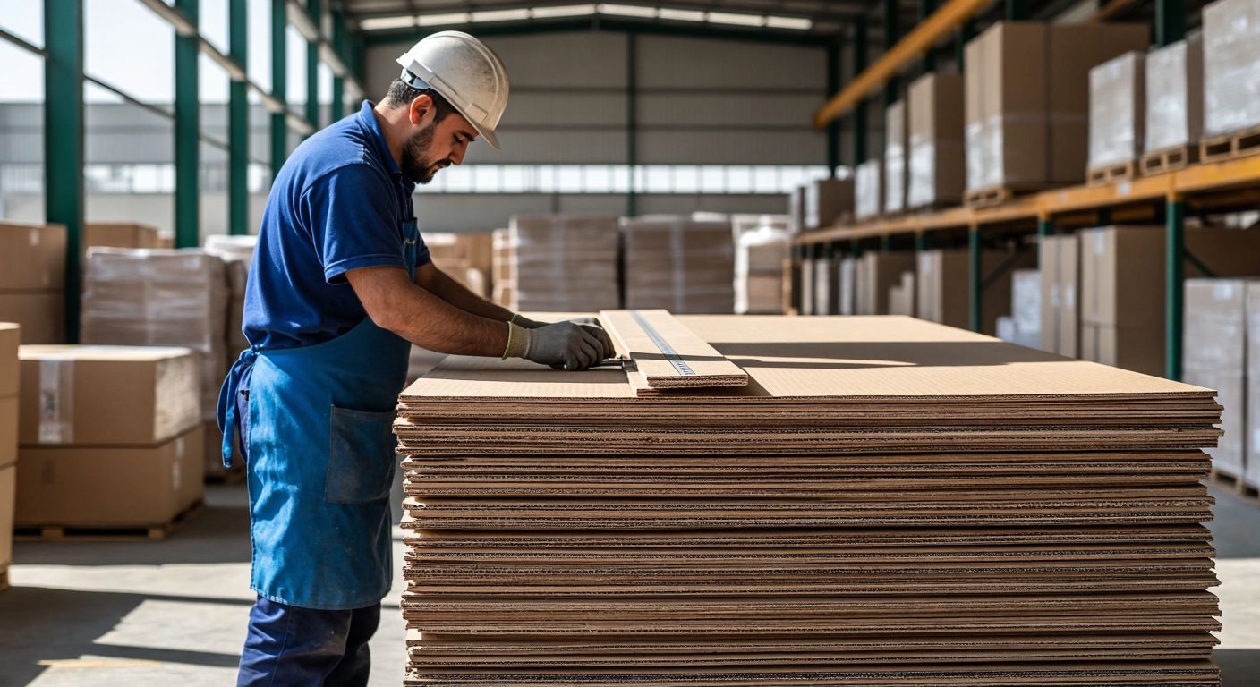 A stack of thick cardboard sheets neatly piled in a sunlit Turkish warehouse, with a worker in a blue apron measuring the sheets with a large ruler.