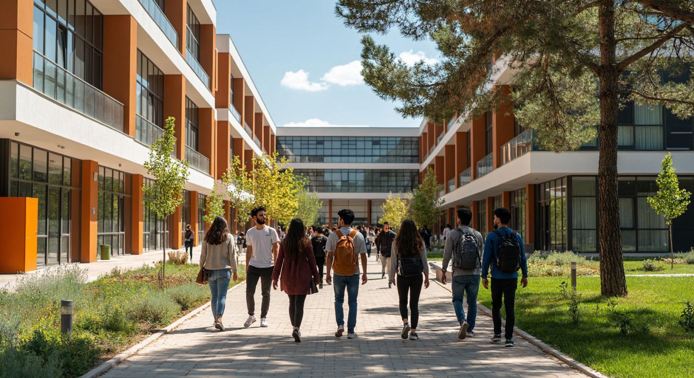 A modern university campus in Manisa with students walking between academic buildings, a diverse group of professors engaged in discussion, and a vibrant student club fair under the shade of trees.