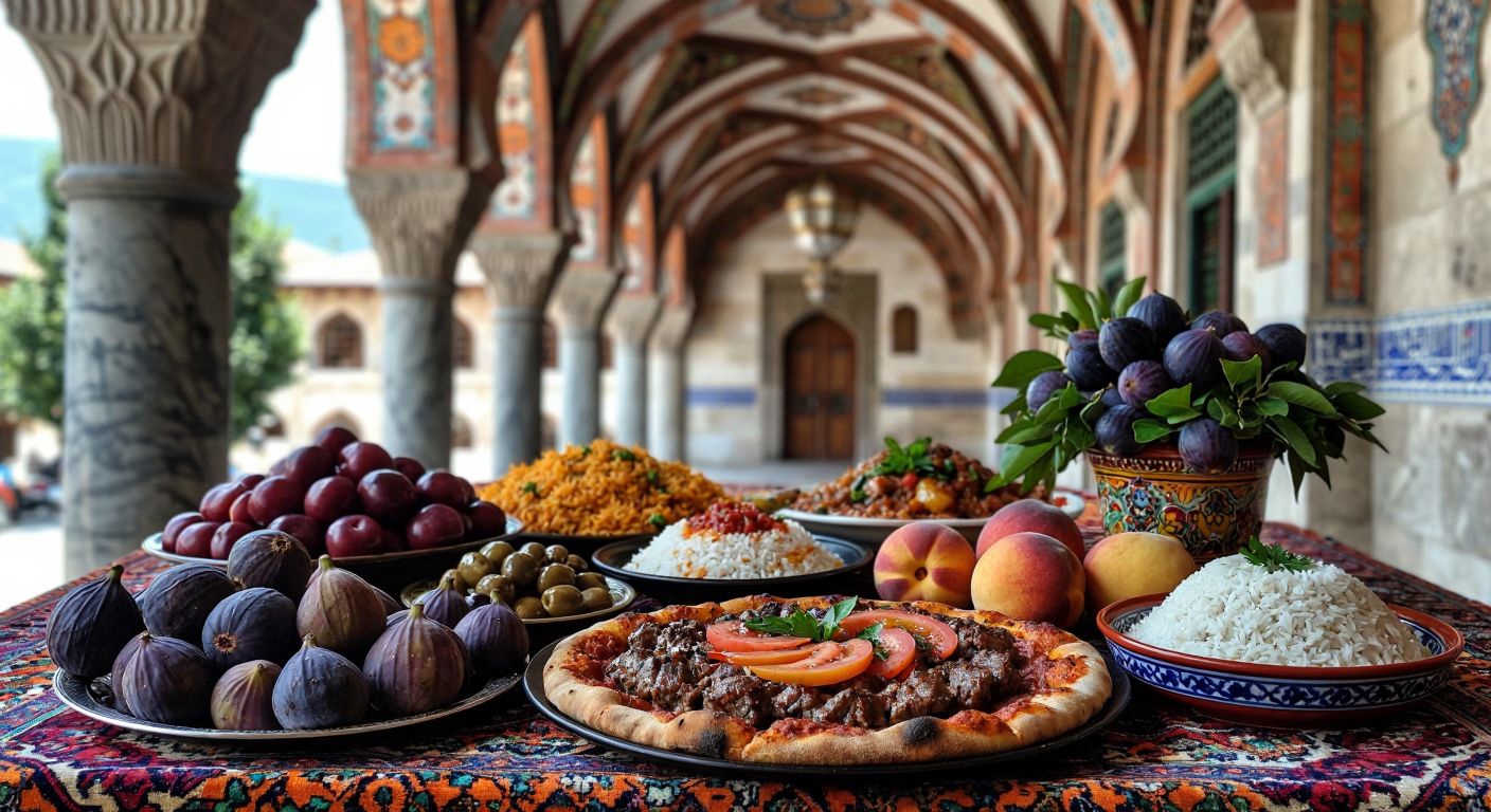 A vibrant table in Bursa laden with İskender kebap, cantık, and kestaneli pilav, surrounded by fresh peaches, figs, and olives, with a backdrop of Ulu Camii’s grand arches and silk fabrics draped nearby.