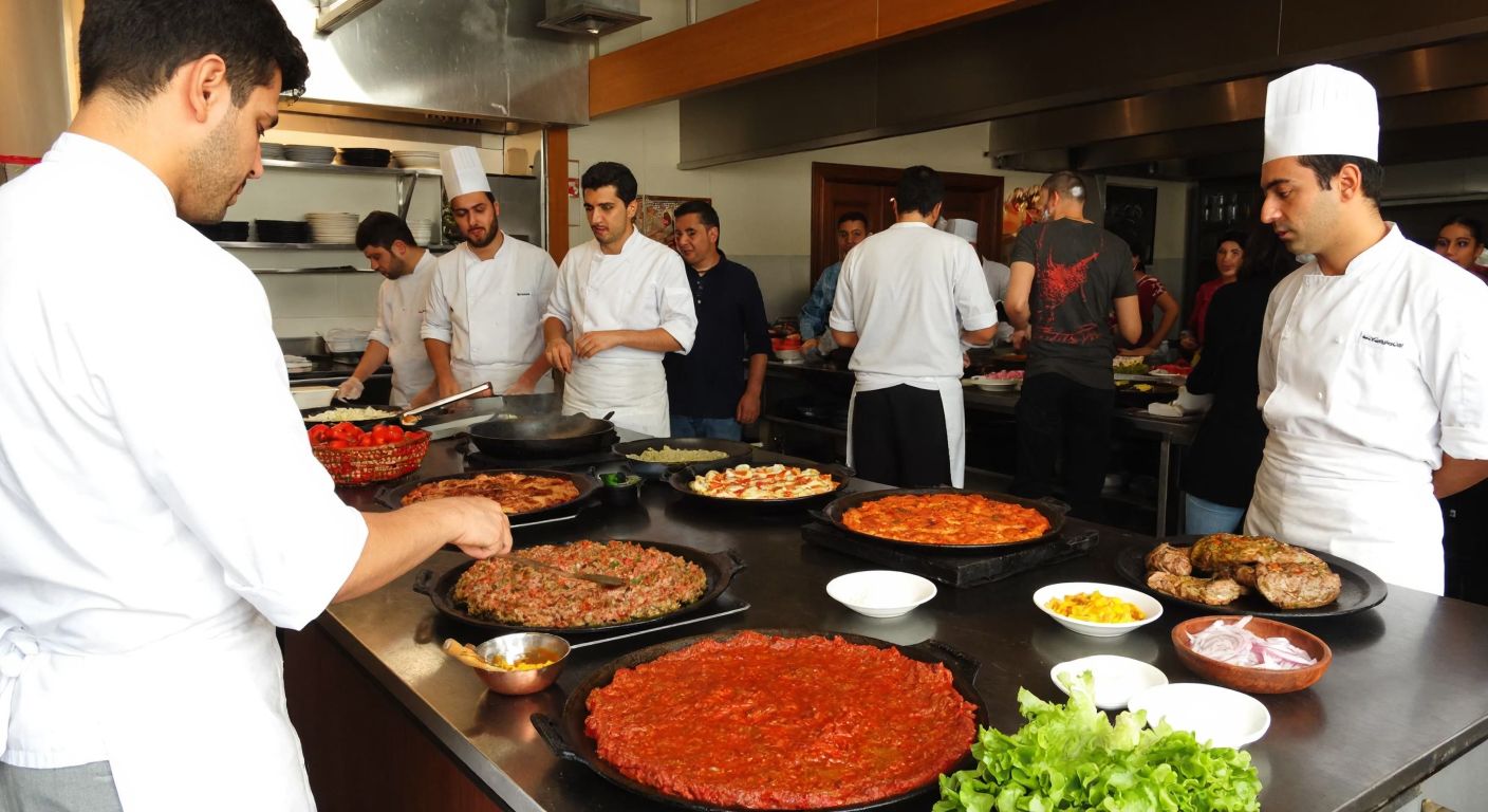 A bustling Turkish kitchen with chefs in white aprons preparing traditional Manisa dishes like *Manisa kebabı*, surrounded by fresh local ingredients and a lively audience watching a cooking demonstration.