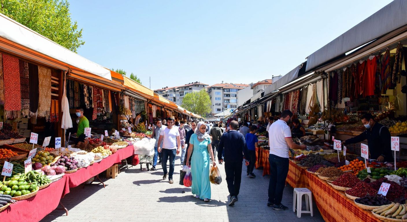 A bustling open-air market in Tuzla, Turkey, with colorful stalls selling fresh produce, textiles, and spices under a bright sun, as vendors and shoppers in casual attire engage in lively exchanges.