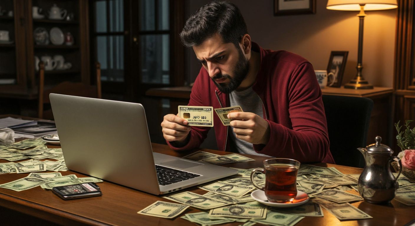 A frustrated person in Turkey holds a declined credit card while sitting at a table with a laptop displaying an error message, surrounded by scattered bills and a half-empty cup of Turkish tea.