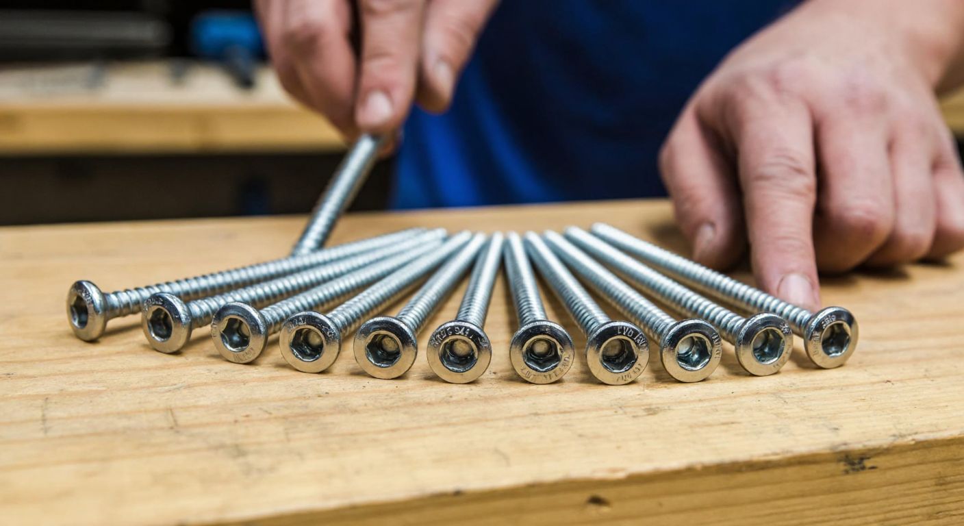 A close-up of sturdy, polished Meridyen screws neatly arranged on a wooden workbench in a Turkish carpenter's workshop, with a craftsman's hands testing their durability.