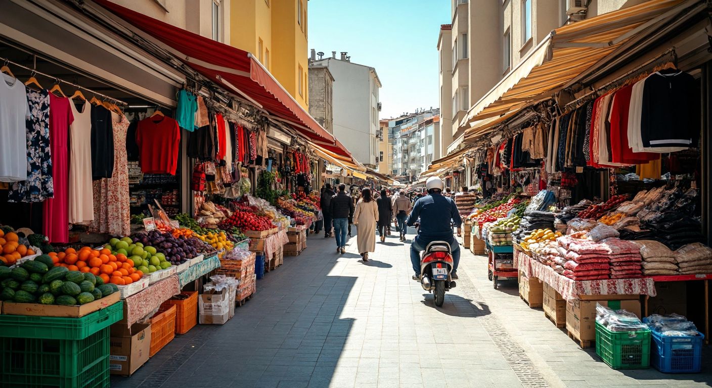 A vibrant Turkish marketplace scene with colorful stalls displaying fashion items, fresh produce, and electronics, while a delivery person on a scooter weaves through the crowd carrying packages.