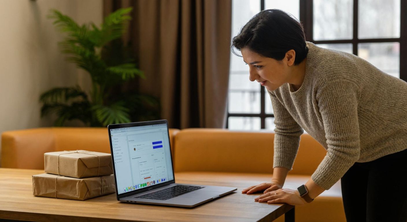 A person in a cozy Turkish home eagerly leans over a laptop screen displaying a colorful package tracking interface, while a small stack of parcels wrapped in brown paper sits beside them on a wooden table.