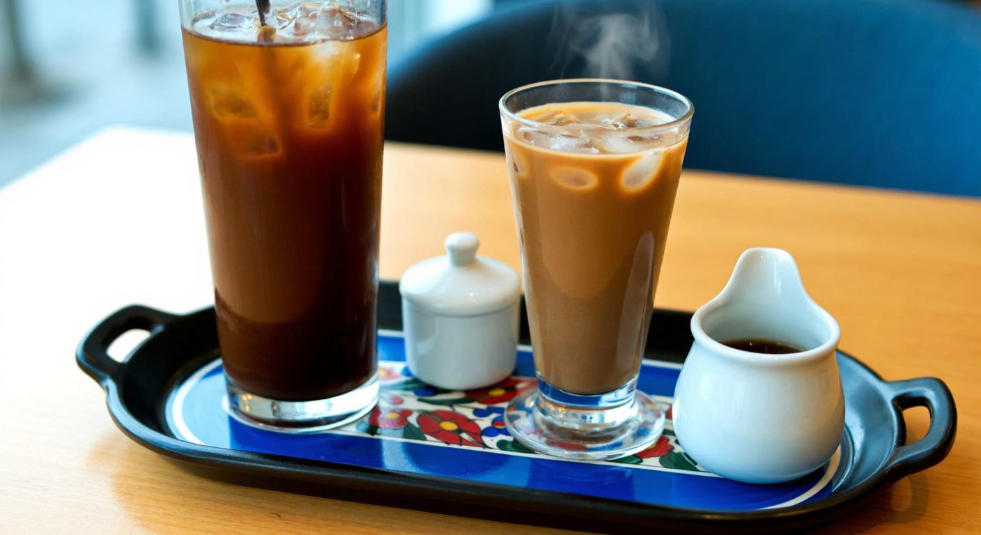 A steaming cup of Nescafé beside a tall glass of iced coffee, both resting on a Turkish ceramic tray with a small sugar bowl and milk pitcher nearby.
