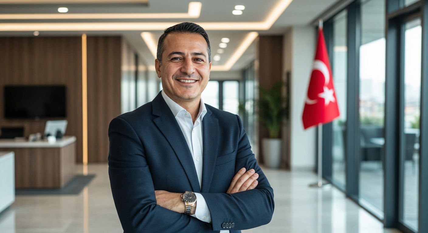 A confident middle-aged Turkish man in a sharp navy suit stands in a modern bank office, smiling warmly with a Turkish flag subtly visible in the background.
