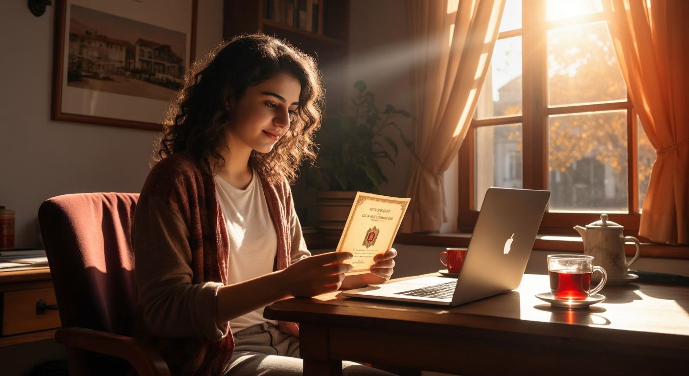 A young Turkish student in a casual outfit sits at a wooden desk with a laptop open, holding a printed diploma and a national ID card, while sunlight streams through a window onto a cup of Turkish tea beside them.