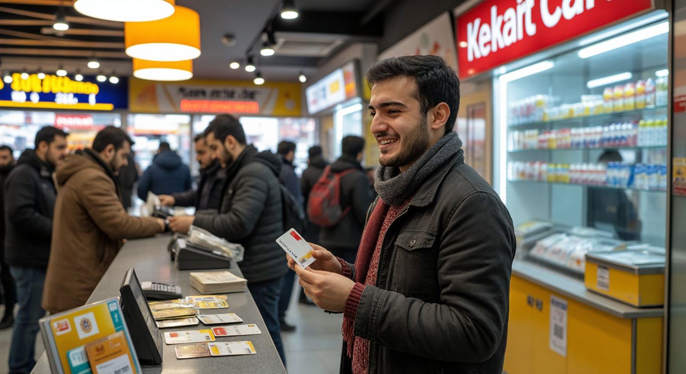 A concerned person in a bustling Turkish city stands at a Kentkart service counter, holding a broken transport card while a helpful employee processes a replacement with a reassuring smile.