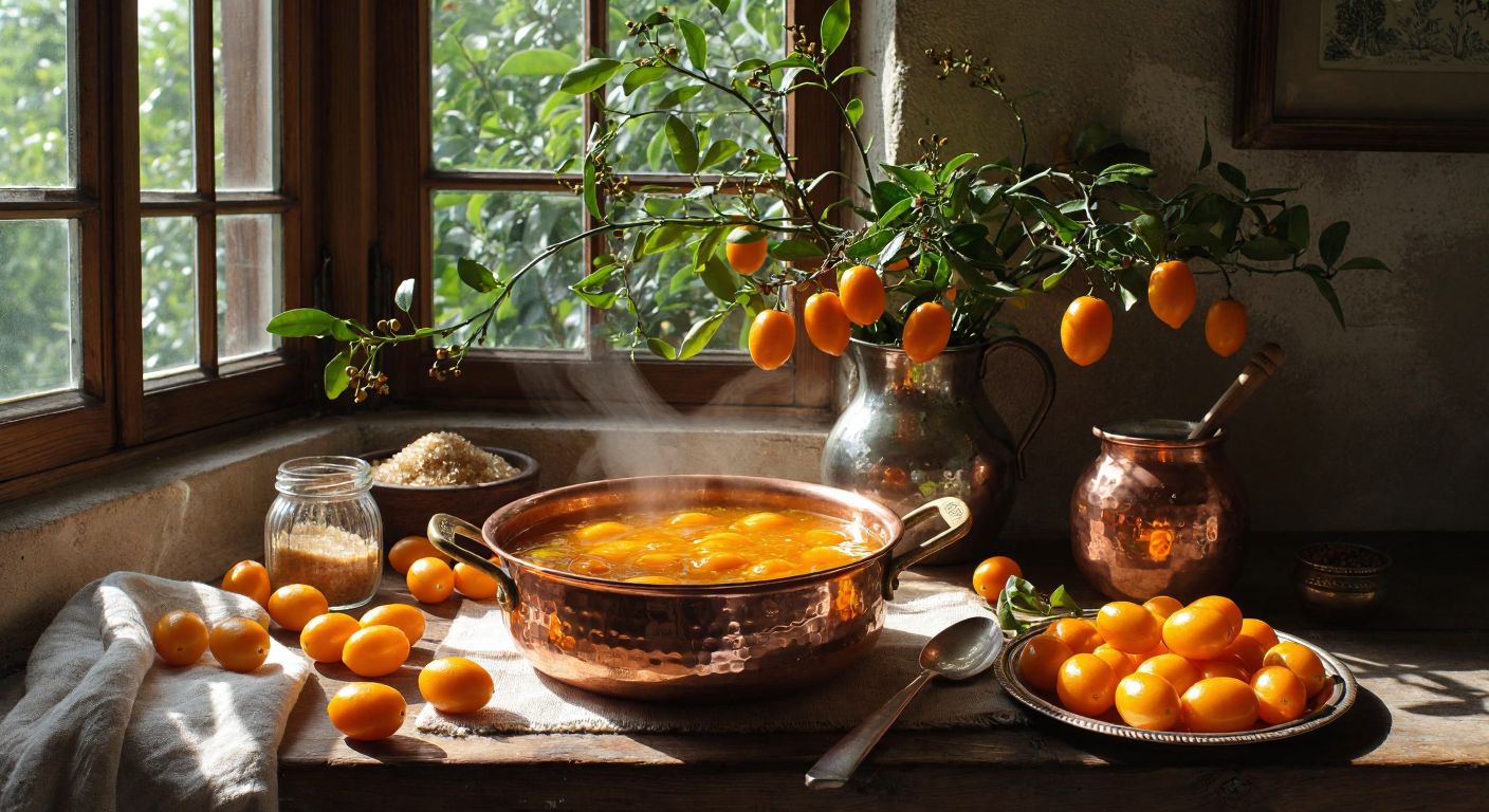 A sunlit Turkish kitchen with a copper pot simmering golden kumquat jam, surrounded by fresh, glossy kumquats, a wooden spoon, and a jar of brown sugar, evoking warmth and tradition.