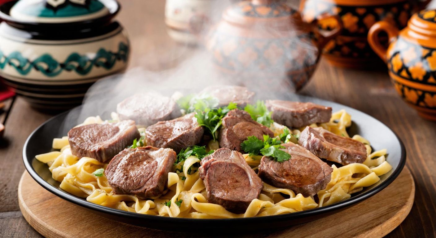 A steaming plate of tender lamb meat slices arranged over flat noodles, garnished with fresh herbs, set on a rustic wooden table with traditional Central Asian ceramic bowls in the background.
