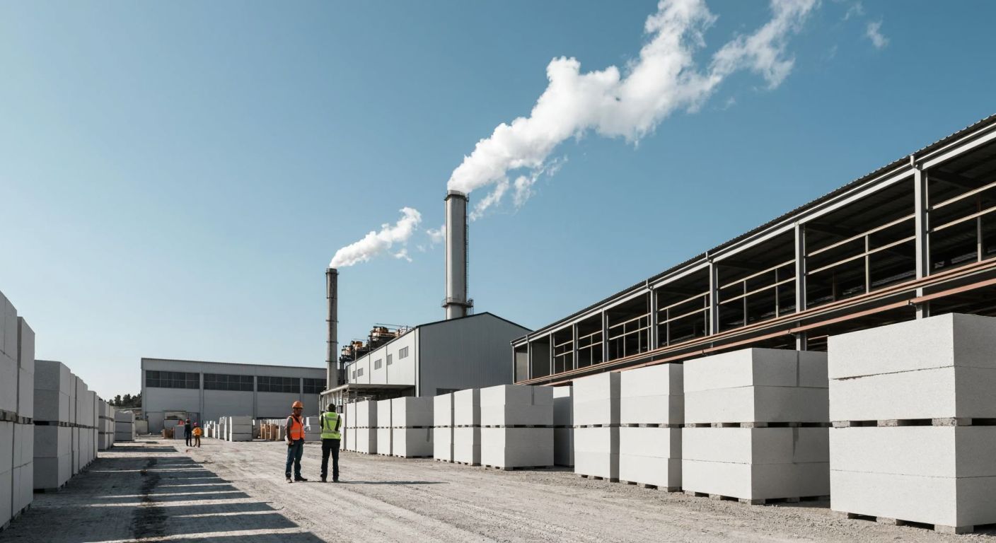 A modern Turkish industrial factory with smokestacks under a clear sky, surrounded by stacks of pale gray aerated concrete blocks, with workers in hard hats inspecting the production line.