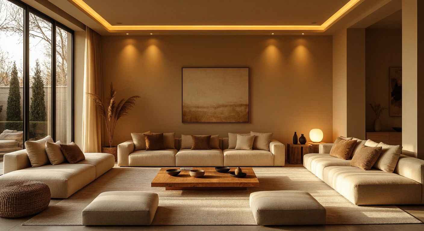 A warm, softly lit modern Turkish living room with indirect lighting casting a gentle glow on cream-colored walls, a low wooden coffee table, and plush seating, creating a cozy and inviting atmosphere.