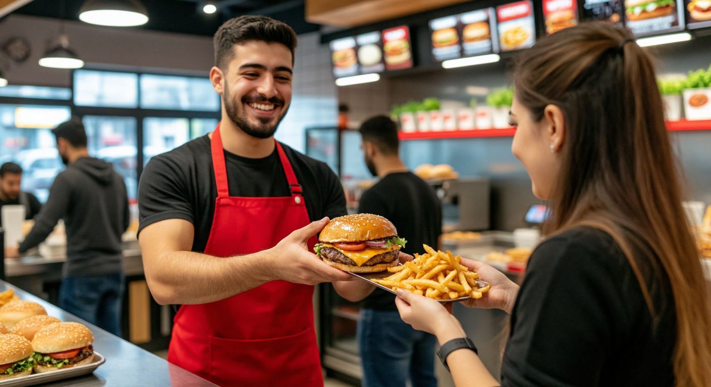 A smiling waiter in a red Ercan Burger apron hands a sizzling, juicy burger with melted cheese and fresh toppings to a customer across a counter in a bustling Turkish fast-food restaurant.