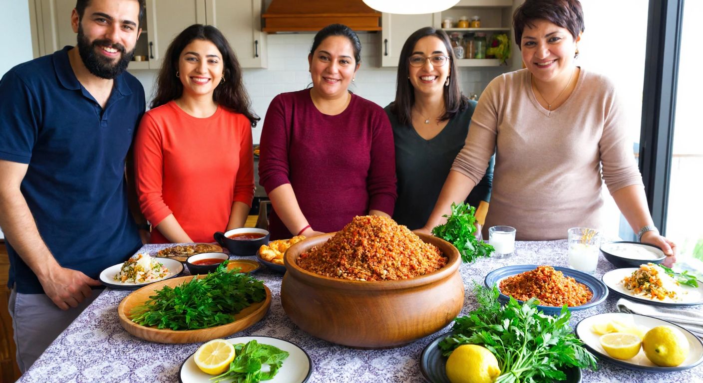 A vibrant Turkish kitchen scene with a large wooden bowl filled with freshly made kısır, surrounded by small plates, fresh herbs, and lemon wedges, as four to six people with cheerful expressions gather around a sunlit table.
