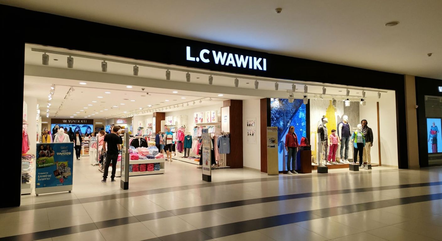 A bustling shopping mall in Çerkezköy with a brightly lit LC Waikiki storefront, displaying colorful clothing racks and mannequins, while shoppers browse inside under warm lighting.