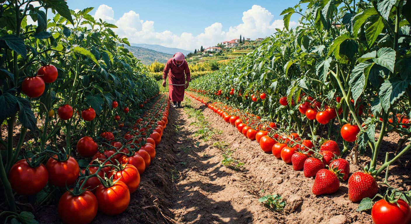 A lush garden with vibrant rows of ripe tomatoes and juicy strawberries, their leaves glistening under the warm Turkish sun, as a farmer in traditional attire carefully tends to the plants.