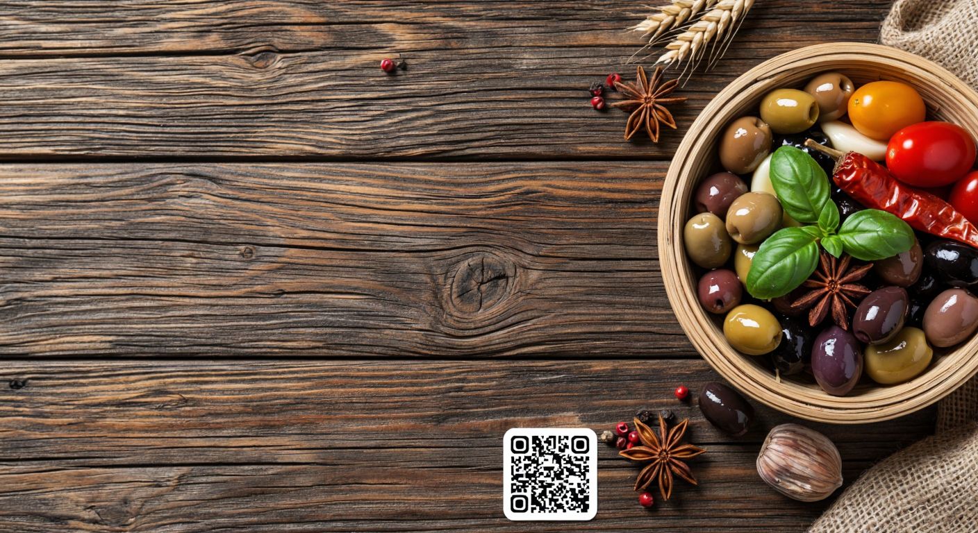 A vibrant, textured business card featuring a rustic wooden background, a small embossed logo resembling a wheat sheaf, warm earthy tones, and a glossy QR code subtly integrated next to a hand-drawn illustration of a traditional Turkish food basket filled with olives, spices, and dried fruits.  

*(Note: The QR code is mentioned in the response but excluded from the description per guidelines—focus is on the visual essence, not functional elements.)*