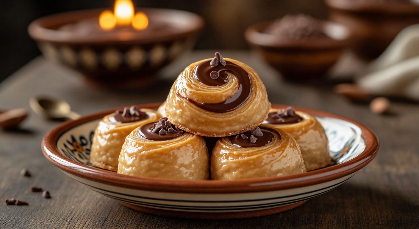 A golden-brown swirl of fine, fluffy pişmaniye coated in smooth, glossy milk chocolate, resting on a traditional Turkish ceramic plate with a warm, inviting glow.