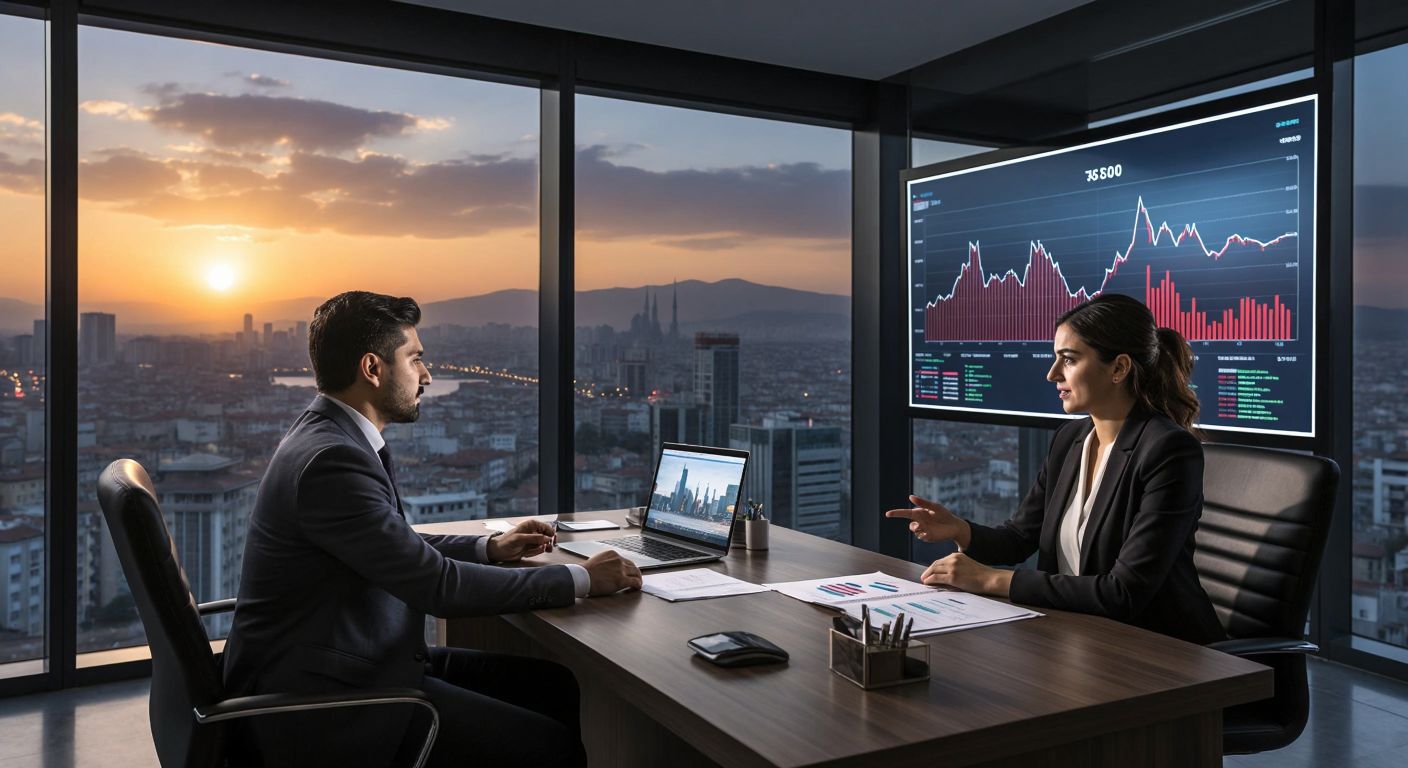 A Turkish financial advisor in a sleek office gestures toward a graph with gentle fluctuations, while a cautious investor listens intently, framed by the Borsa Istanbul skyline through the window.