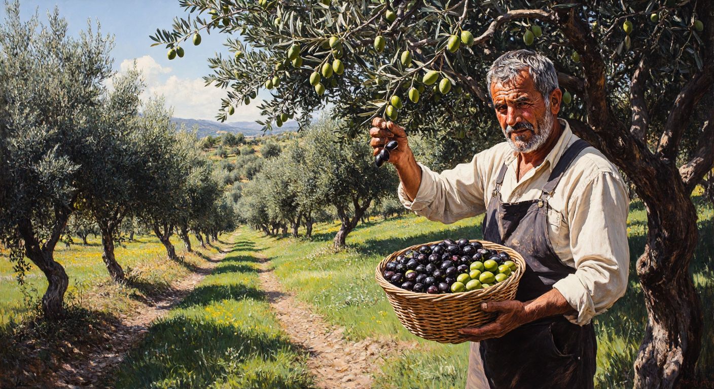 A sunlit olive grove in Akhisar with plump green and black olives hanging from gnarled branches, a weathered Turkish farmer gently holding a basket of freshly picked Uslu and Domat varieties.