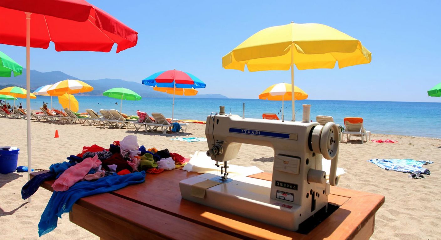 A sunny Turkish beach with colorful umbrellas and a sewing machine placed on a wooden table, surrounded by scattered fabric scraps and threads.
