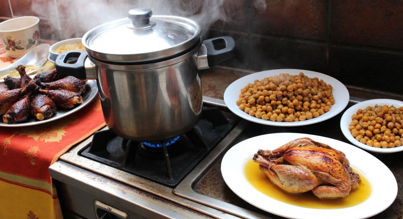 A rustic Turkish kitchen with a steaming pressure cooker on a stovetop, surrounded by bowls of soaked and unsoaked chickpeas, and a platter of roasted woodcock (çulluk) resting nearby, evoking warmth and culinary curiosity.