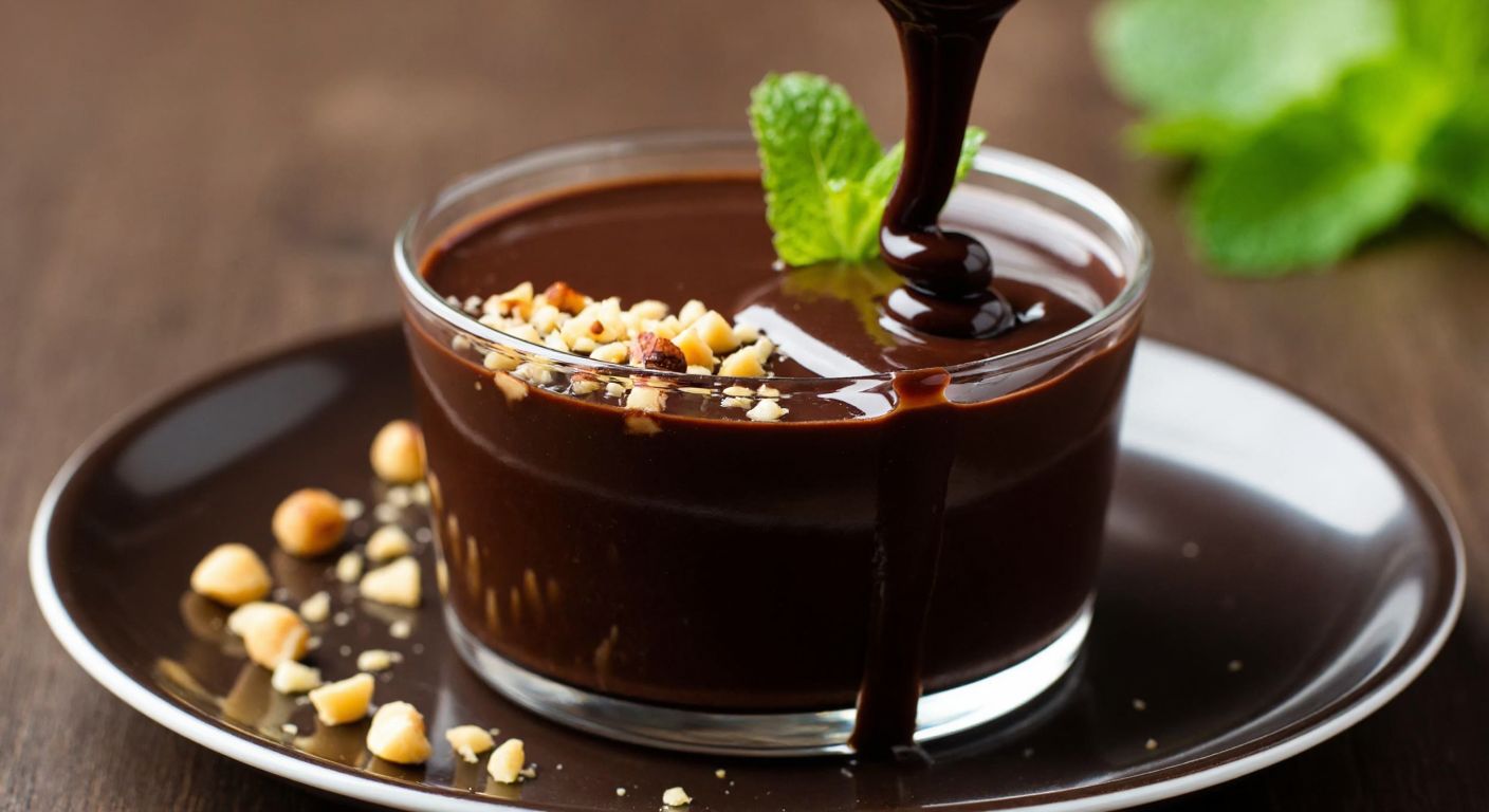 A rich, velvety dark chocolate sauce drizzled over a creamy Turkish supangle dessert in a small glass cup, garnished with crushed hazelnuts and a mint leaf.