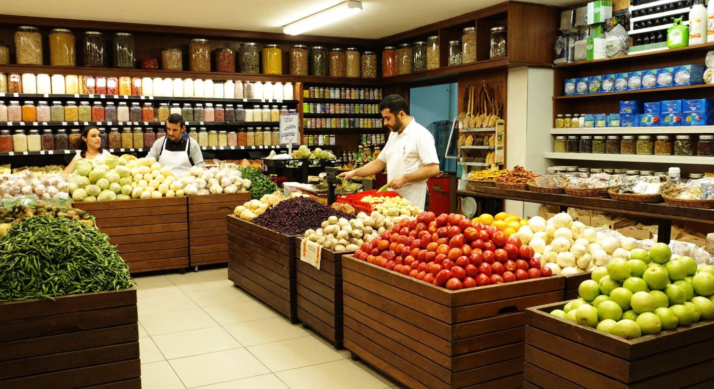 A bustling Turkish grocery store with wooden crates of fresh produce, shelves stocked with spices and dried goods, and a shopkeeper in a white apron weighing fruits for a customer.