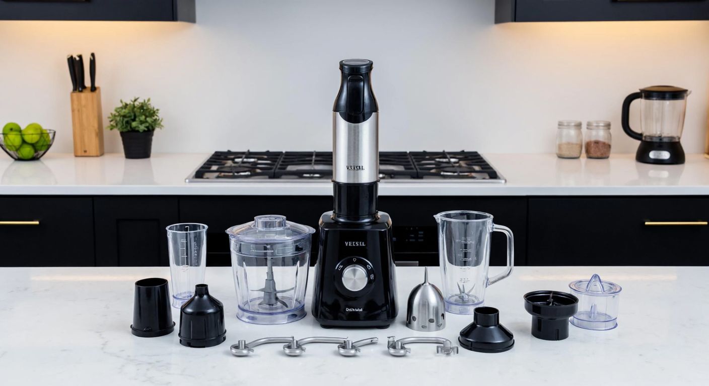 A modern Turkish kitchen counter displays a sleek Vestel blender set with a transparent chopping bowl, stainless steel blades, a measuring cup, and various attachments neatly arranged on a marble surface.