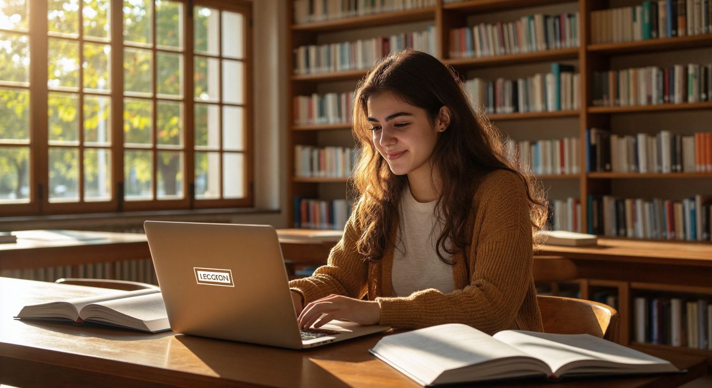 A focused Turkish university student sits at a wooden desk in a sunlit library, surrounded by open textbooks and a laptop displaying a login screen, with a relieved smile as they check their exam results.