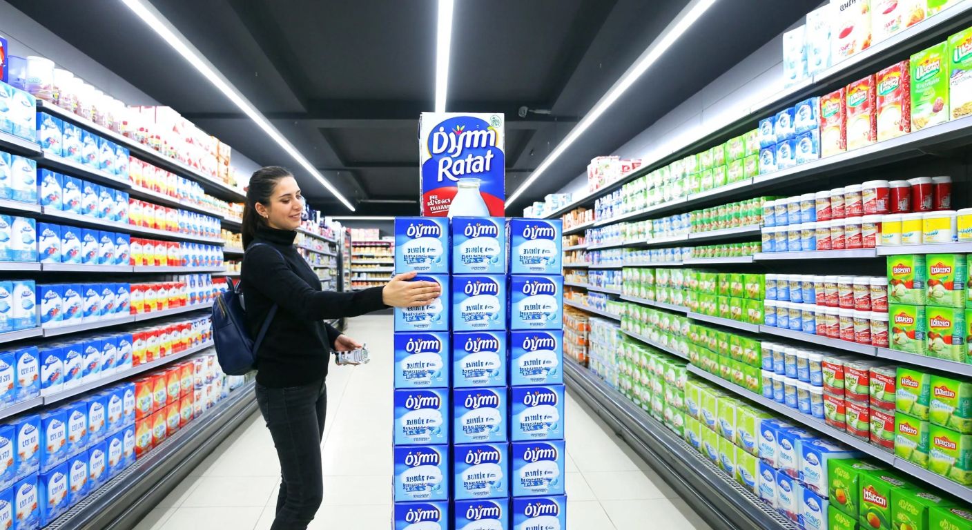 A well-lit supermarket aisle in Turkey with neatly stacked cartons of lactose-free milk, prominently featuring the brands *İçim Rahat* and *Bahçıvan*, while a shopper in casual attire reaches for one with a satisfied expression.