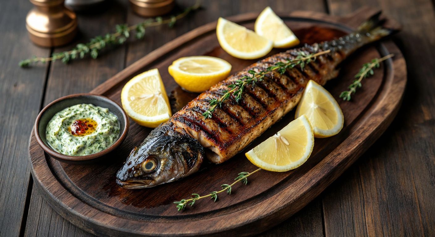A sizzling grilled eel on a rustic wooden platter, garnished with fresh lemon slices and sprigs of thyme, alongside a small bowl of creamy green herb sauce and a drizzle of caramelized soy glaze, evoking the aroma of a Turkish seaside tavern.