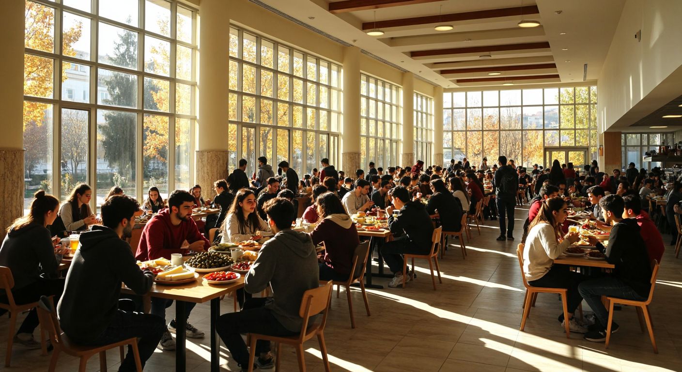 A bustling university dormitory dining hall in Turkey, filled with students of diverse appearances enjoying a traditional Turkish breakfast spread of olives, cheeses, bread, and tea, with sunlight streaming through large windows in the early morning.