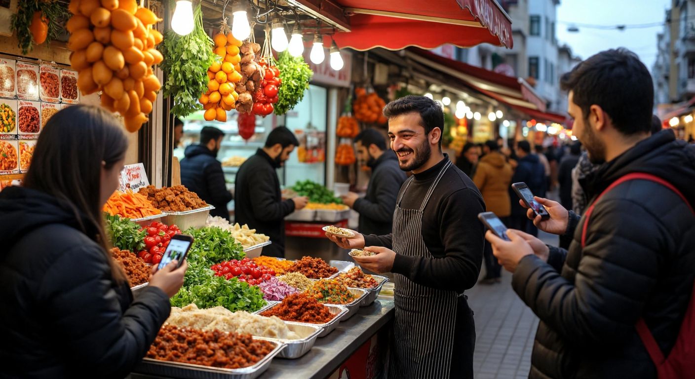 A bustling Turkish street market with a vibrant çiğköfte stand, where a smiling vendor hands out samples to eager customers while influencers photograph the colorful dish and social media posts appear on nearby phones.
