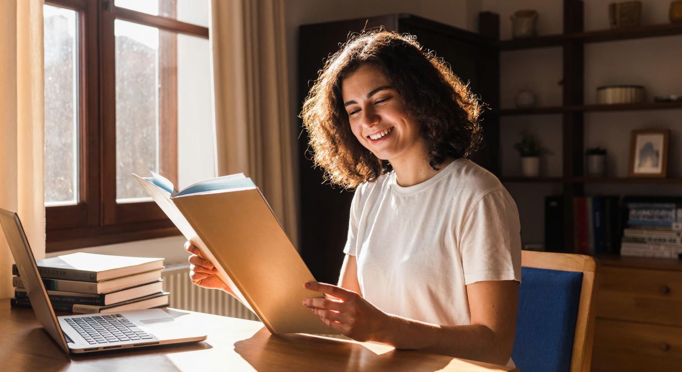 A young Turkish student in casual clothing sits at a wooden desk at home, smiling with relief while holding an open university brochure, with a stack of books and a laptop nearby, sunlight streaming through the window.