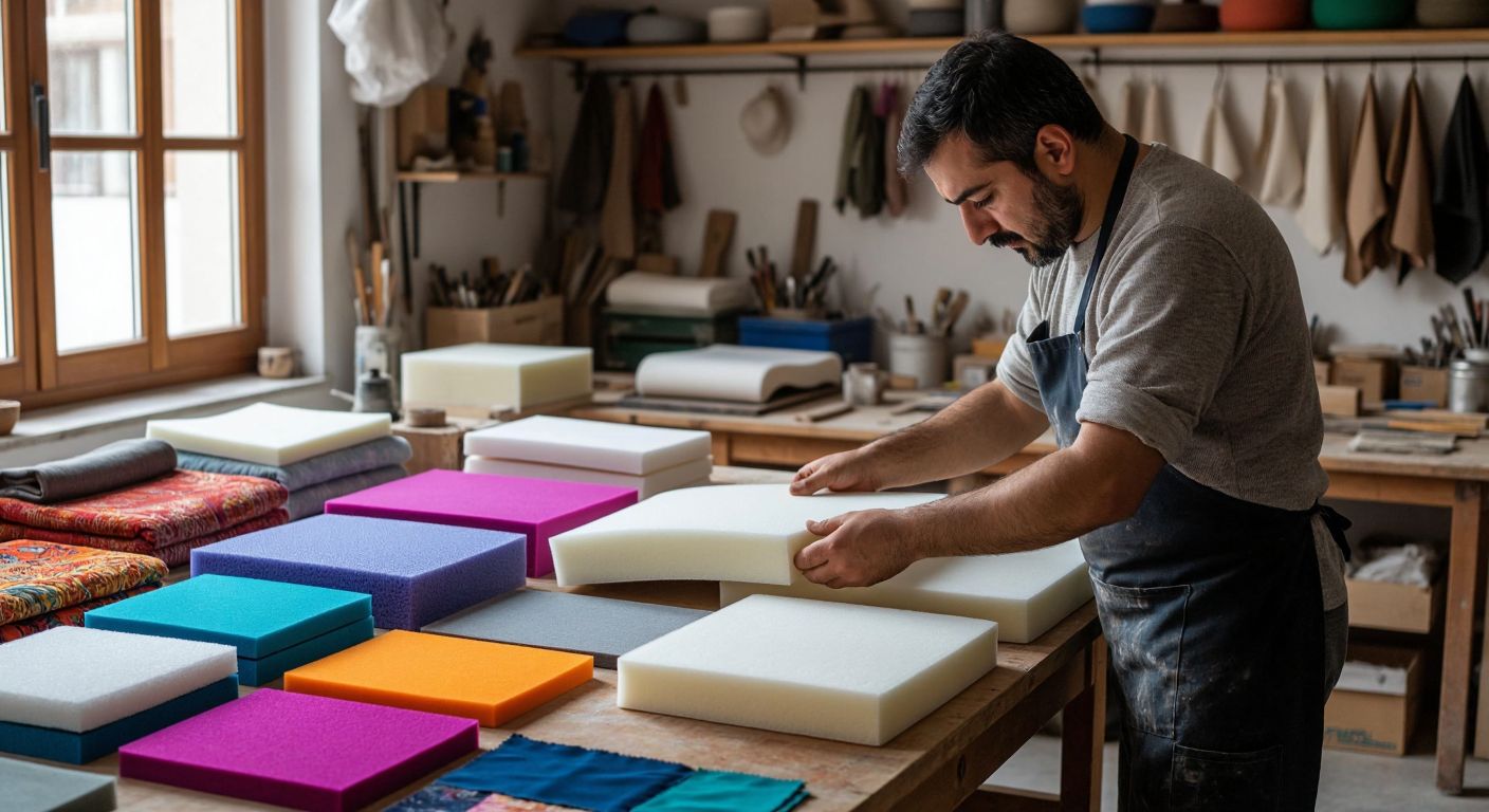 A Turkish artisan carefully examines different types of foam—soft, high-resilience, and memory foam—laid out on a wooden workshop table, with colorful fabric swatches nearby for cushion-making.