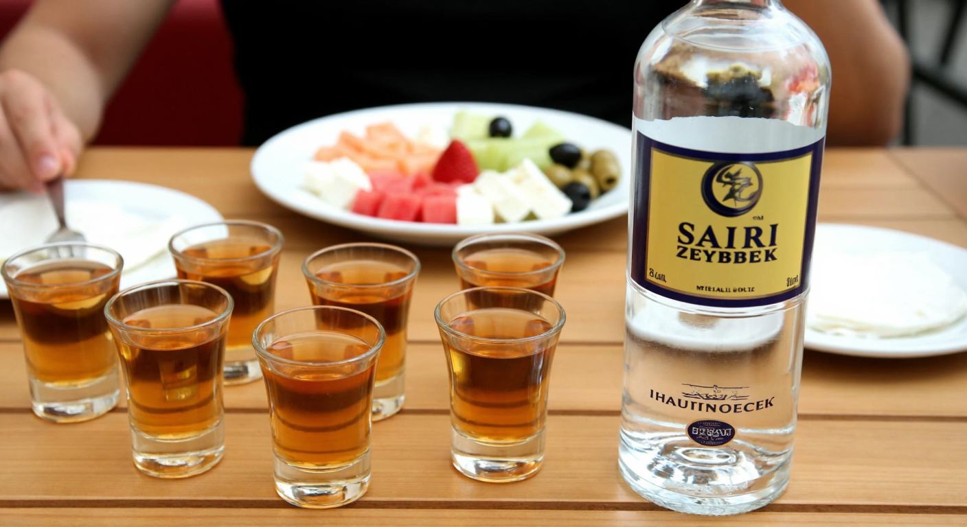 A traditional Turkish dining table with a clear glass bottle of *Sarı Zeybek* rakı, surrounded by small, slender glasses filled with the amber-colored drink, and a plate of meze featuring white cheese, melon, and olives in the background.