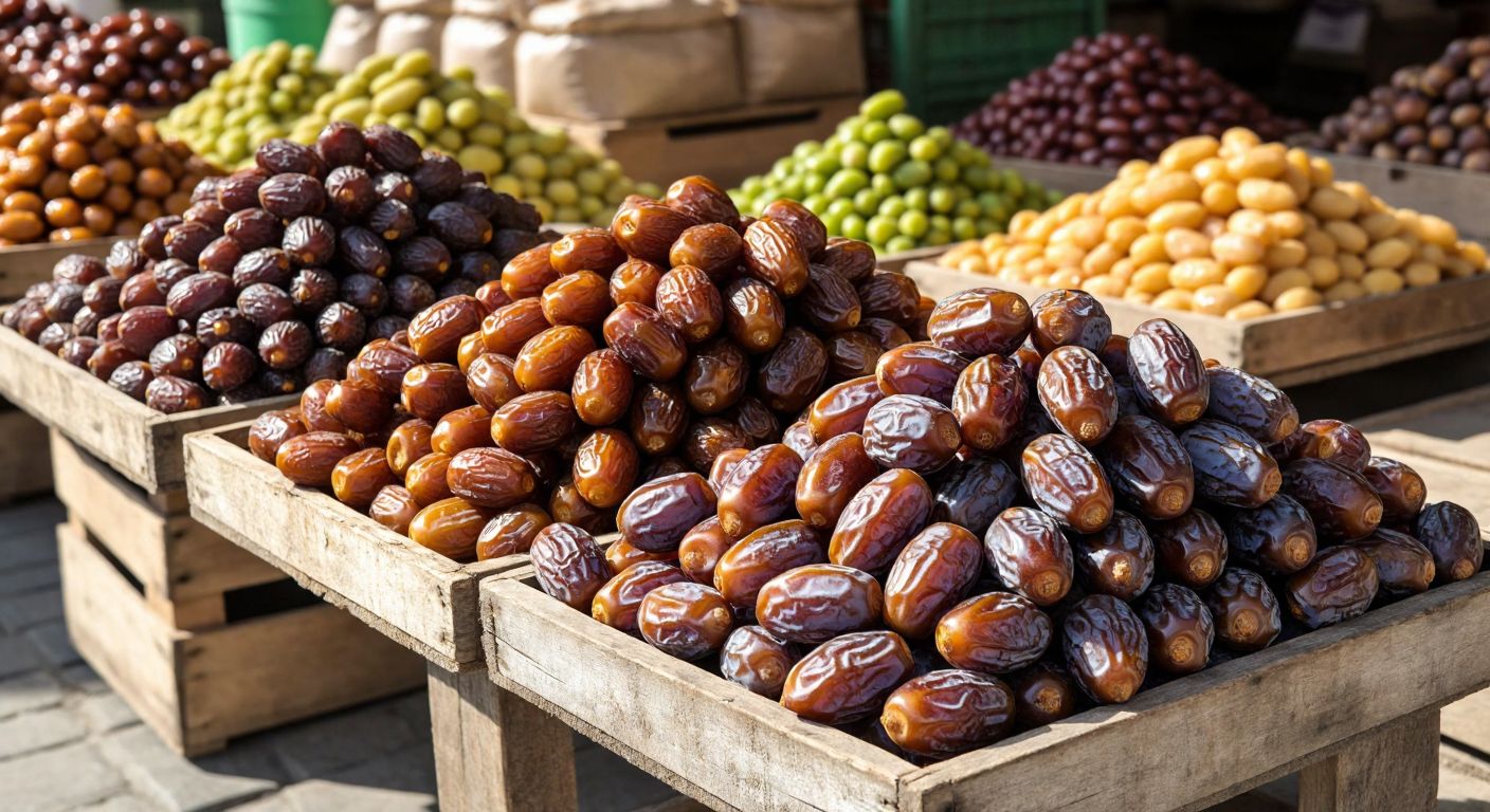 A rustic wooden table in a Turkish market displays two distinct piles of dates—one with soft, caramel-colored Sukkari dates glistening under sunlight, and the other with fresh, plump Rutab dates still clinging to their greenish-yellow stems.