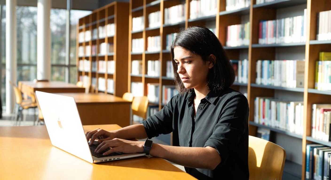 A focused young student with dark hair sits at a wooden desk in the MEF University library, browsing a laptop with shelves of books in the background, while sunlight streams through large windows.