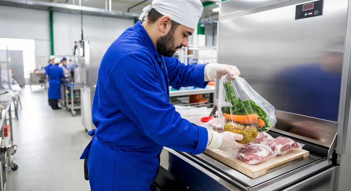 A Turkish factory worker in a blue uniform carefully places fresh food into a vacuum-sealed plastic bag using a gleaming stainless steel packaging machine.