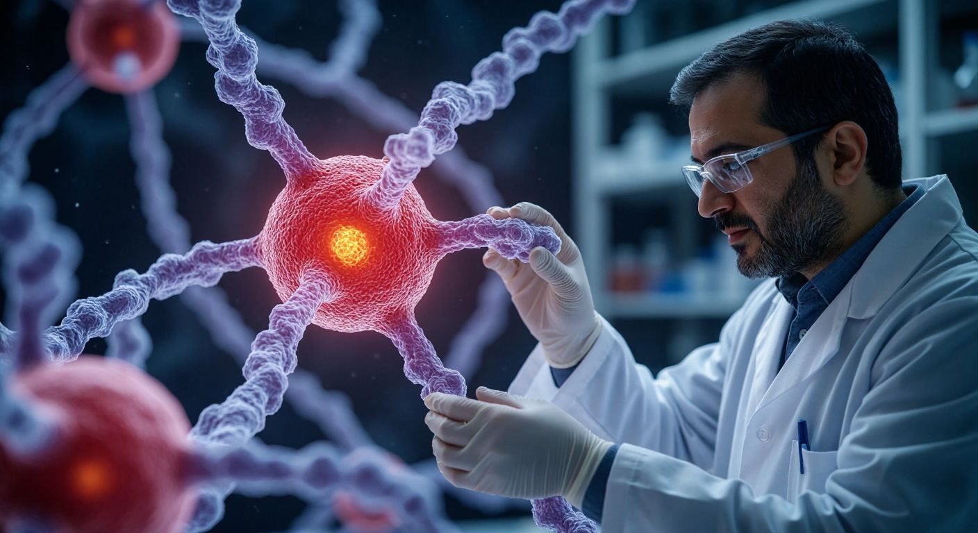 A microscopic view of a human cell with a highlighted nucleus, showing structural lamin proteins surrounding it like a delicate scaffold, while a Turkish geneticist in a lab coat examines a DNA model nearby with a focused expression.