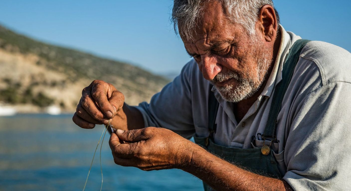 A weathered Turkish fisherman with sun-wrinkled hands carefully ties a fishing hook to a translucent fishing line against the backdrop of a tranquil Aegean cove, his focused expression reflecting patience and skill.