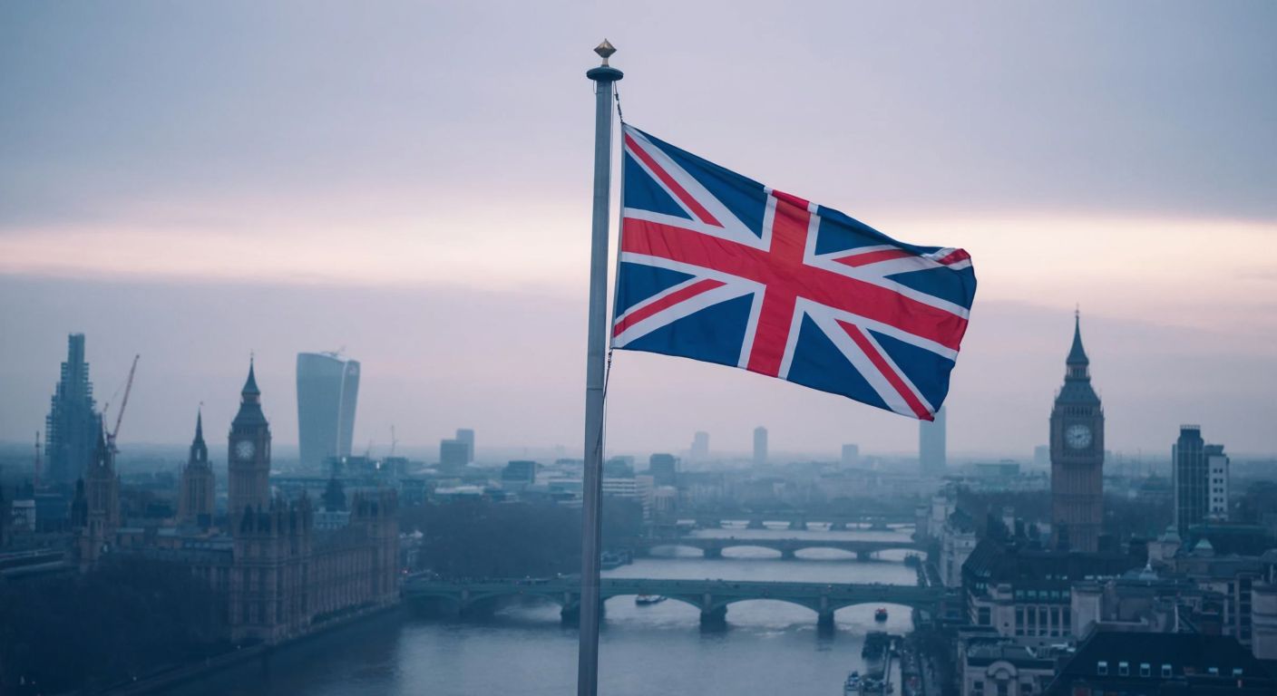 A foggy London skyline with the British flag waving prominently, while a faint outline of the European Union flag fades into the distance, symbolizing separation.