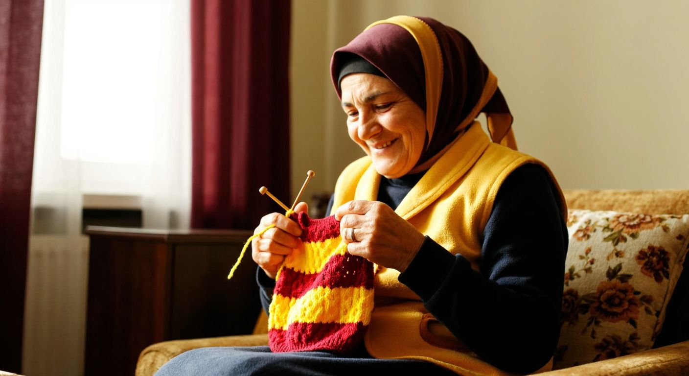A Turkish grandmother in a cozy home setting, wearing a headscarf and holding yellow-red yarn (Galatasaray colors) with knitting needles, smiling warmly as she examines a half-finished baby vest on her lap.