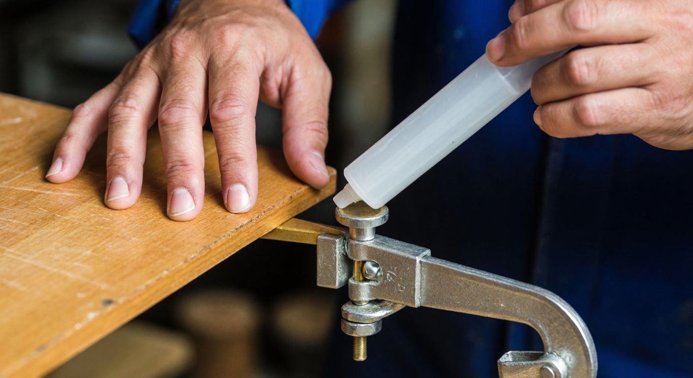 A close-up of a Turkish craftsman’s hands applying thick, clear liquid nails from a tube onto a wooden surface, with a sturdy metal clamp holding two pieces together nearby.
