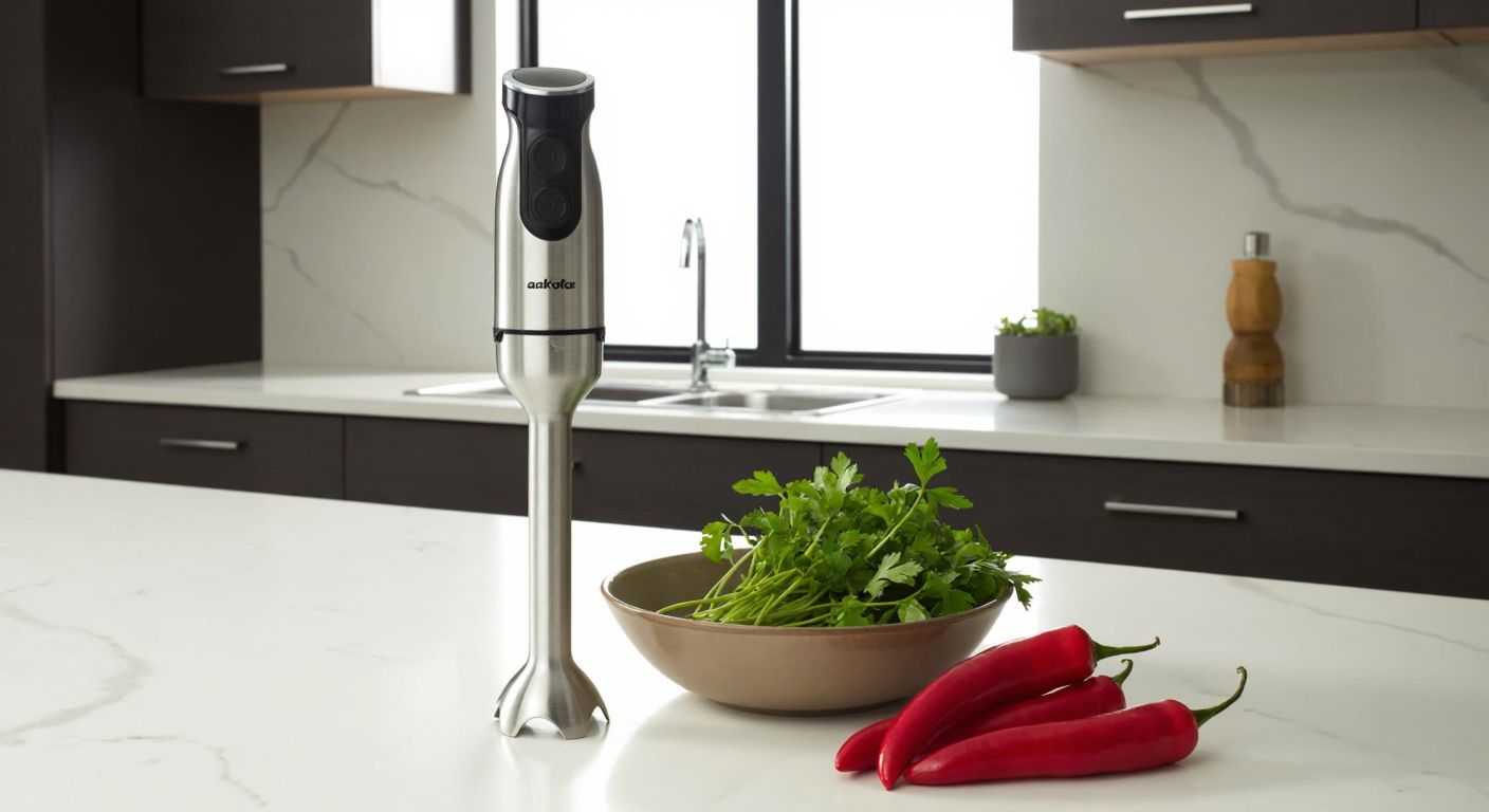 A modern Turkish kitchen with a stainless steel **Arçelik RHB 3410 hand blender** whirring smoothly as it blends vibrant red peppers and fresh herbs in a ceramic bowl, sunlight streaming through a window onto a marble countertop.