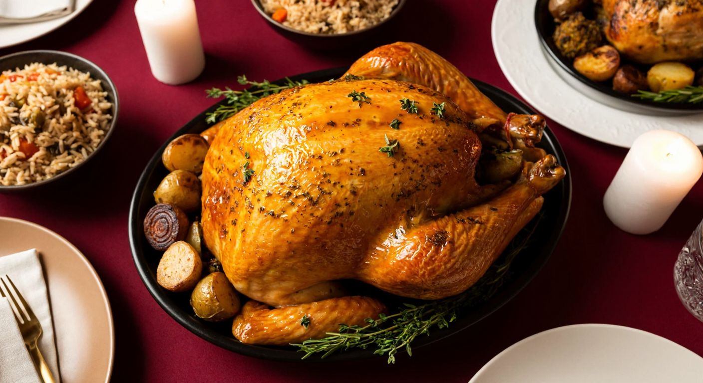 A festive Turkish dining table set for New Year's Eve, featuring a golden-brown roasted turkey garnished with herbs, surrounded by traditional side dishes like pilaf and roasted vegetables, with a warm, inviting glow from candlelight.
