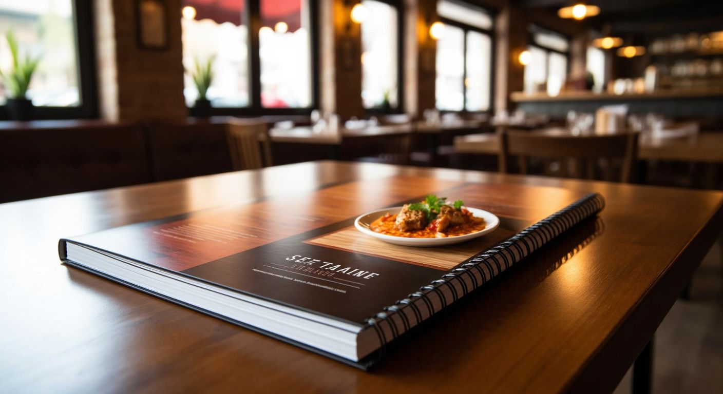 A glossy, spiral-bound menu with a laminated cover lies on a wooden table in a cozy Turkish restaurant, reflecting warm ambient light.